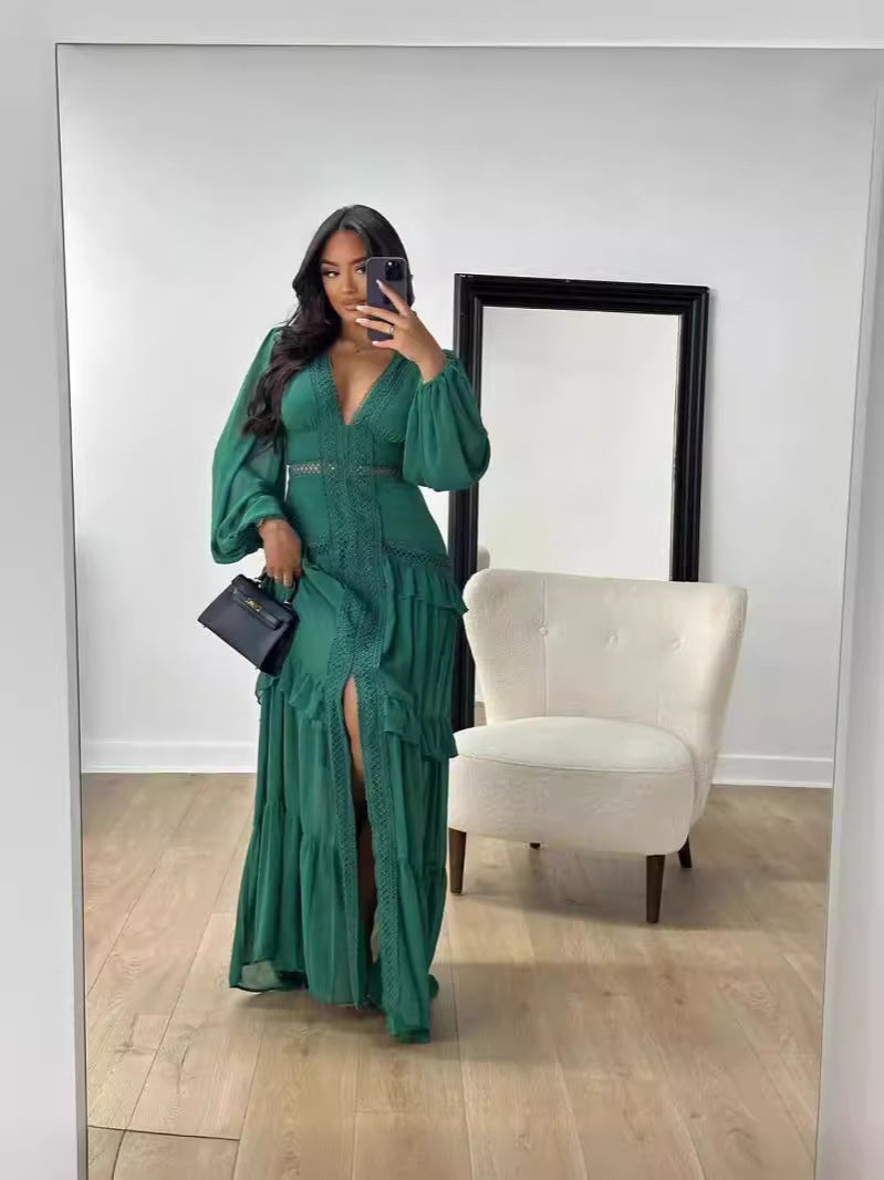 Elegant Stitching Long Sleeve V-neck Dress Limorista