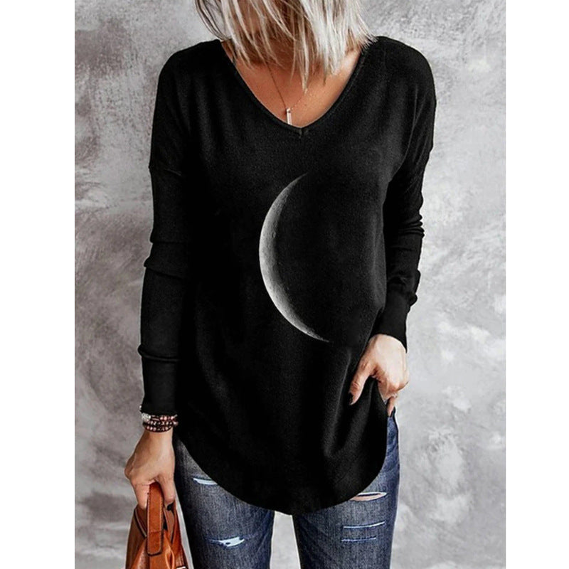 Moon Print Round Neck Loose Long-sleeved T-shirt Sweater Women Limorista