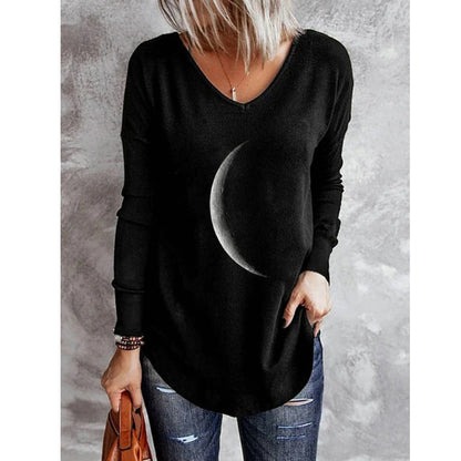 Moon Print Round Neck Loose Long-sleeved T-shirt Sweater Women Limorista