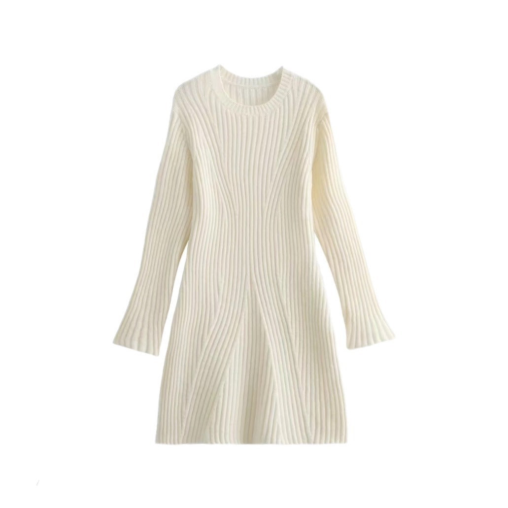 Fashion Solid Ribbed Knitted Dress Fall And Winter Slim-fit Stand-up Collar A-line Dresses Women&