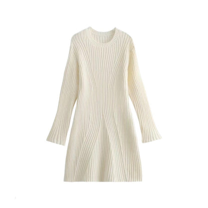 Fashion Solid Ribbed Knitted Dress Fall And Winter Slim-fit Stand-up Collar A-line Dresses Women&