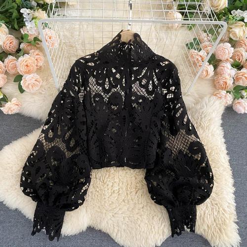 Limorista - Design Sense Lace Hollow Top Stand-up Collar Puff Sleeve Loose Shirt