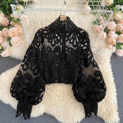 Design Sense Lace Hollow Top Stand-up Collar Puff Sleeve Loose Shirt Limorista