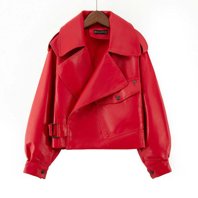 Loose cropped leather jacket motorcycle jacket Limorista