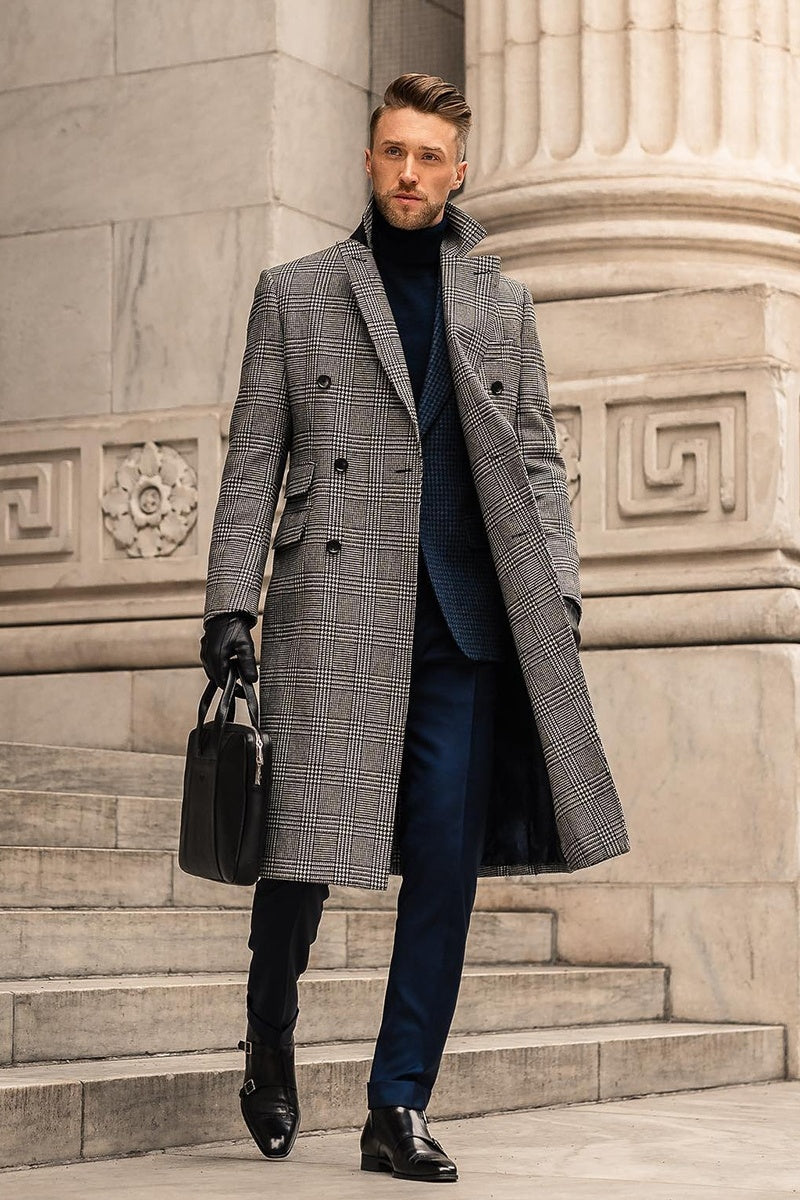 Full Wool Suit Collar Medium Length Double Breasted Checked Overcoat Limorista