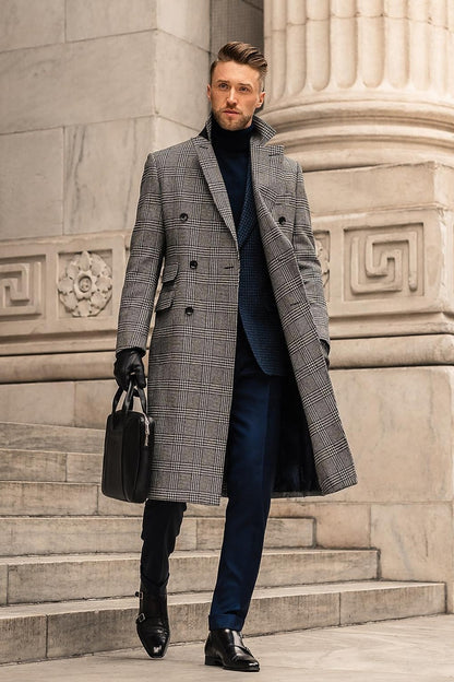 Full Wool Suit Collar Medium Length Double Breasted Checked Overcoat Limorista