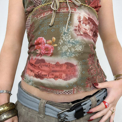 Vacation Style Plant Print Ribbon Lace Splicing Sling Vintage Slim-fit Tank Top Limorista