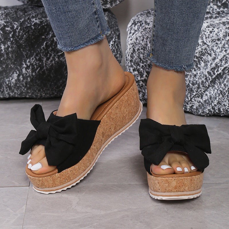 Fashion Bow Leopard Print Wedge Slippers For Women New Thick-sole High Heel Flat Shoes Summer Outdoor Fish Mouth Slippers Limorista