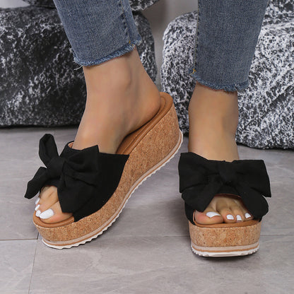 Fashion Bow Leopard Print Wedge Slippers For Women New Thick-sole High Heel Flat Shoes Summer Outdoor Fish Mouth Slippers Limorista