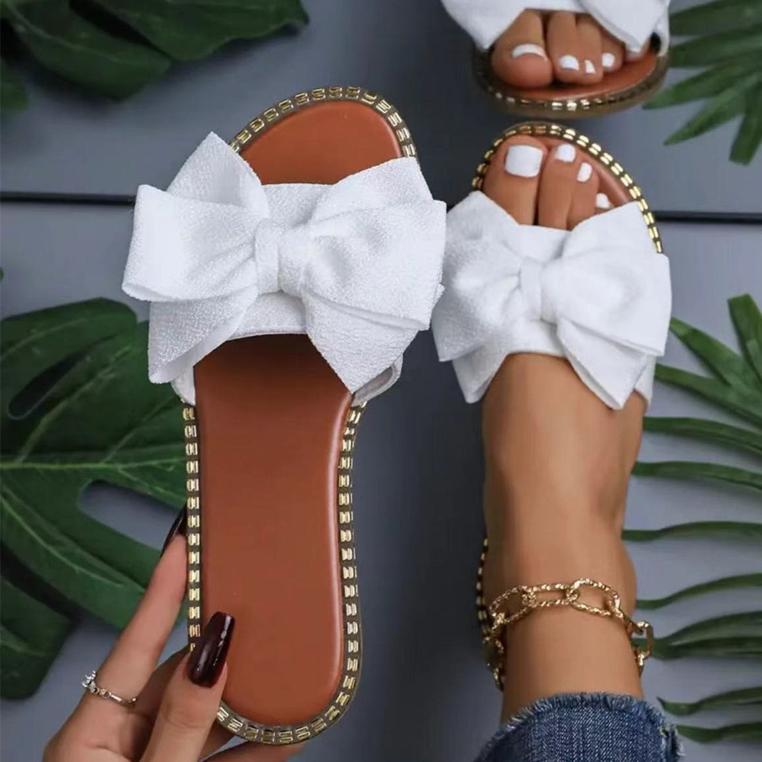 Flat Bottom Rhinestone Bowknot Slippers Women&
