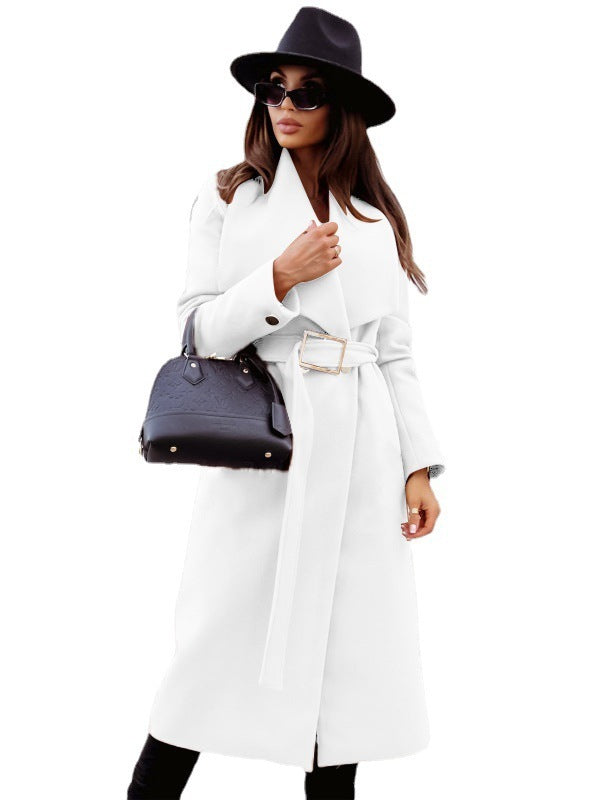 Autumn And Winter Simplicity Long Sleeve Button V-neck Lace Up Woolen Coat Women&
