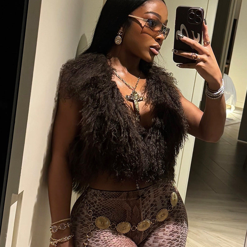 Limorista - Vest Fashion Bare Back Fur Collar Halter Top