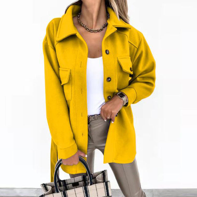 Long-sleeved Temperament Solid Color Lapel Button Lace Woolen Coat Limorista