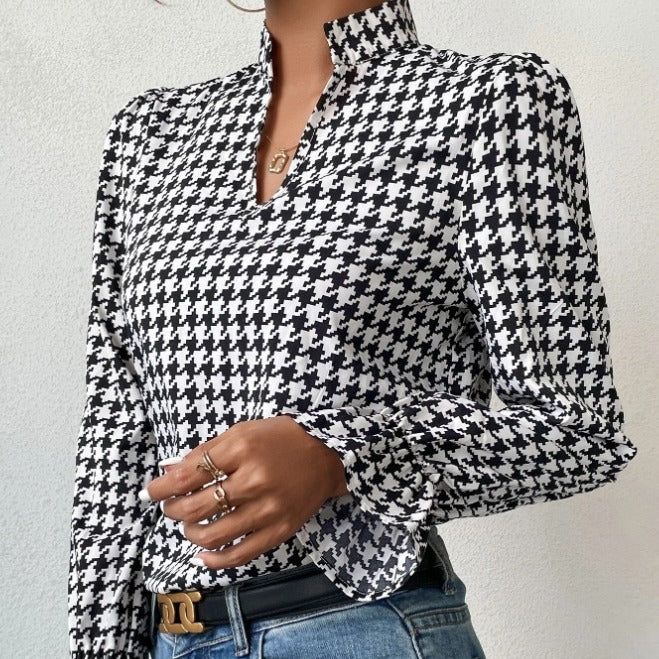 Houndstooth V-neck Long Sleeve Top Women Limorista