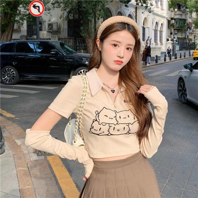Limorista - Cute Girl Sense Cream Color Print Polo Neck Short T-shirt