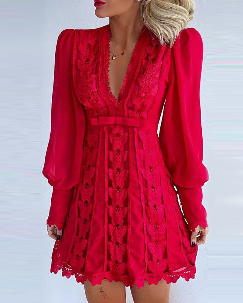 White Elegant Dresses Sexy V Neck Lace Dress Long Puff Sleeve Butterfly Dress For Women Limorista