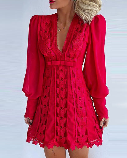 White Elegant Dresses Sexy V Neck Lace Dress Long Puff Sleeve Butterfly Dress For Women Limorista