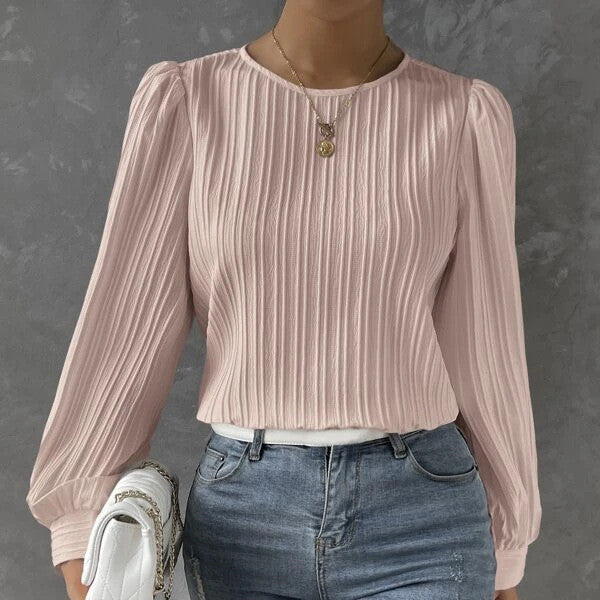 European And American Spring Round Neck Lantern Sleeve Solid Color Unity Long Sleeve Temperament Solid Blouse Limorista
