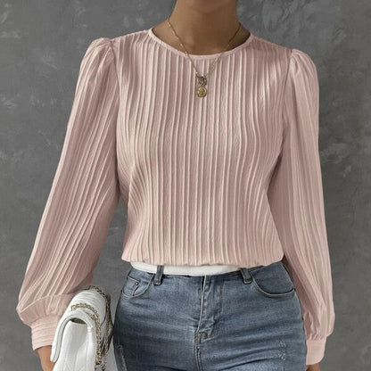 European And American Spring Round Neck Lantern Sleeve Solid Color Unity Long Sleeve Temperament Solid Blouse Limorista
