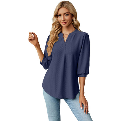 Solid Color Lace Collar Jacquard Long Sleeve Loose-fitting T-shirt Top Limorista