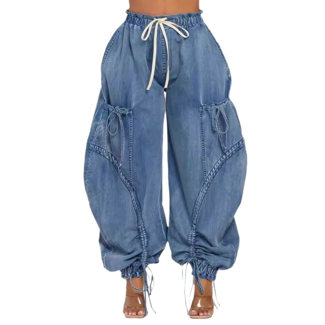 Rope Adjustable Elastic Waist Drawstring Lace-up Ankle-tied Bow Loose Jeans Limorista