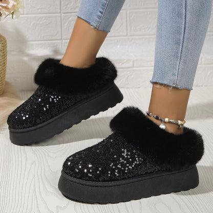 Fashion Sequined Thick-soled Plush Shoes Winter Indoor And Outdoor Casual Warm Slippers Women Garden House Shoes Limorista