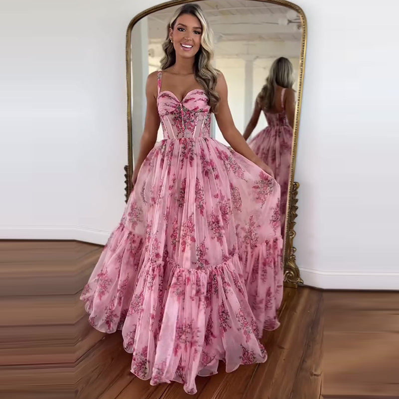 Cinched Waist Slim-fit Fashion Printed Large Swing Dress Limorista