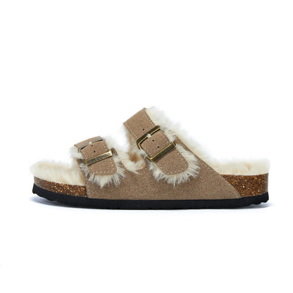Autumn And Winter Plush Flat Bottomed Frosted Leather Boken Cork Slippers Limorista