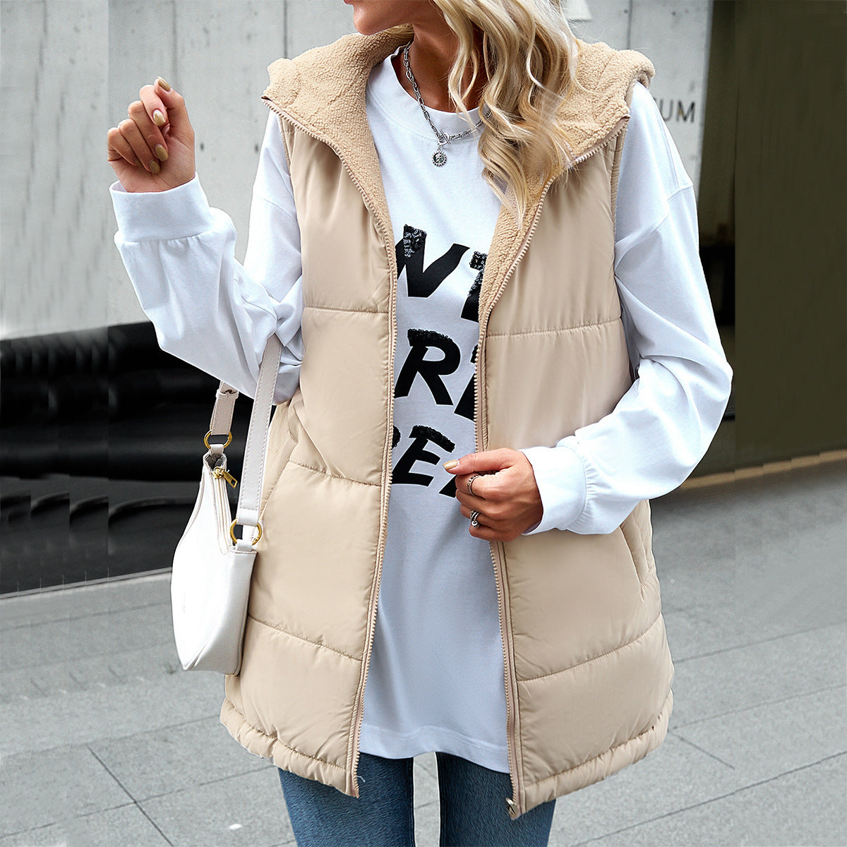 Winter Vest Women Loose Commuting Mid-length Hooded Cotton Jacket With Pockets Fashion Warm Zipper Fluffy Coat Outdoor Clothing Limorista