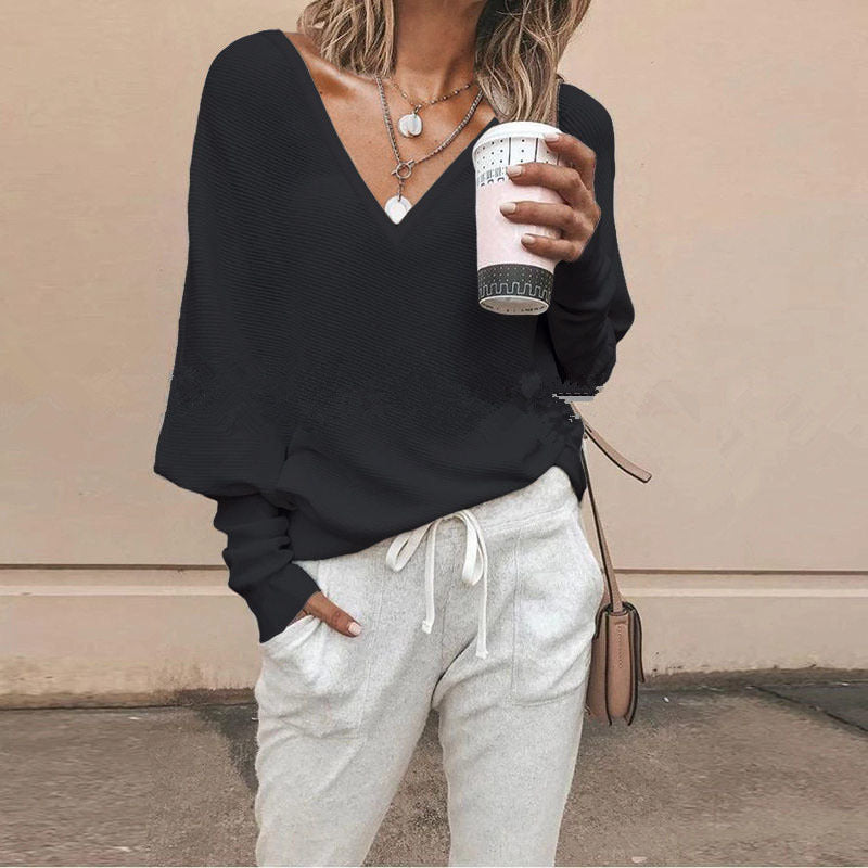 Solid Color And V-neck Batwing Sleeve Long Sleeve T-shirt Top For Women Limorista