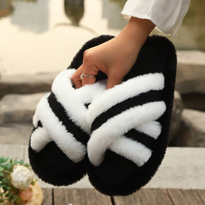 Fluffy Slippers Cross Strap Stitching Warm Casual Platform Slippers Limorista