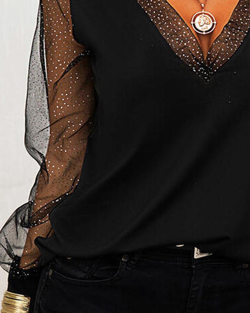 V Neck Fashion Mesh Patchwork Top Limorista