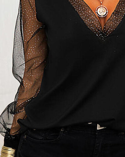 V Neck Fashion Mesh Patchwork Top Limorista