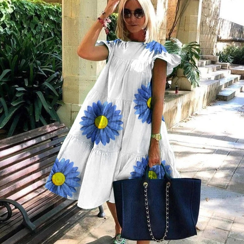 Foreign Trade Cross-border Sweet Holiday Floral Print A- Line Dress Limorista