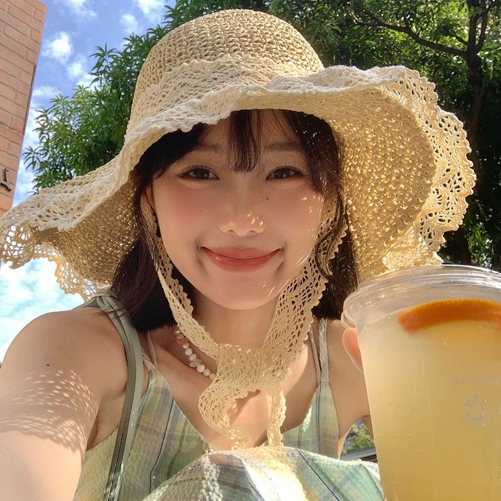 Lace String Color Woven Straw Hat Summer Versatile Outdoor Travel Beach Hat Cute Girl Ins Bucket Hat Limorista
