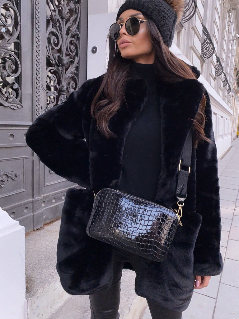 Temperament Long Sleeve Lapel Faux Fur Coat Solid Color Coat Women Fur Fur Women&