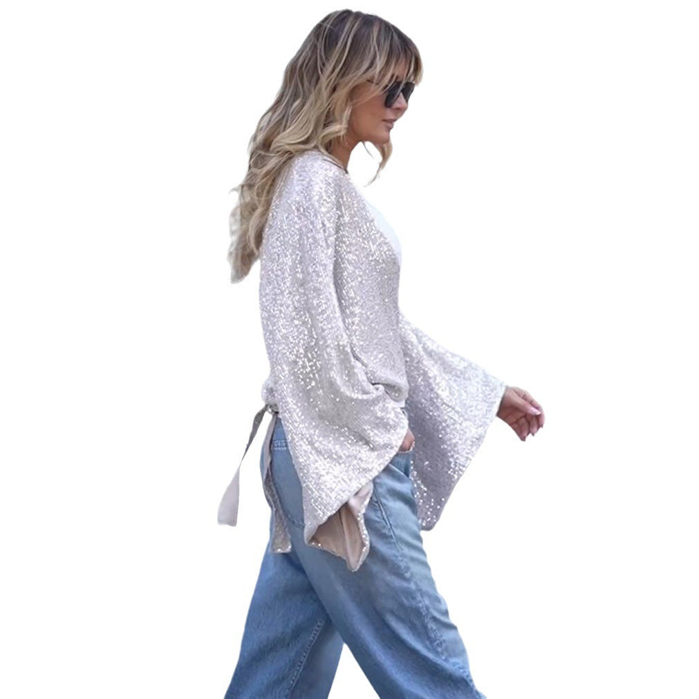 Sequined Lace-up Fashion Casual Shirt Loose Party Bell Sleeve Top For Women Limorista