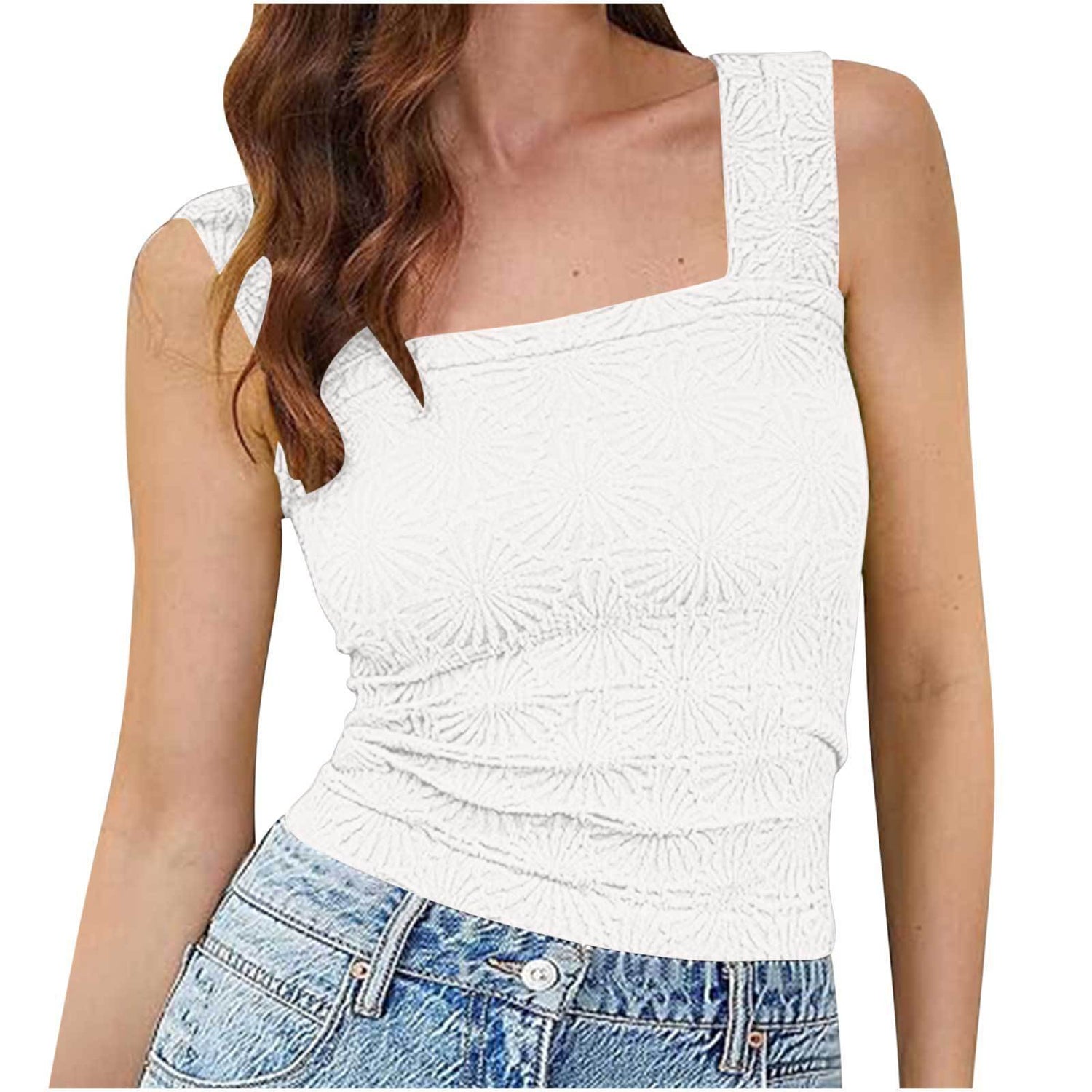 New Slim Fit Square Neck Vest Summer Fashion Jacquard Sleeveless Top For Women Clothing Limorista