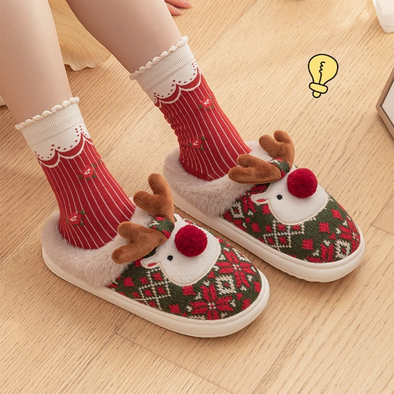 Cute Christmas Elk Plush Slippers Winter Ins Fashion Non-slip Floor Bedroom Home Slippers For Women Fuzzy House Shoes Limorista
