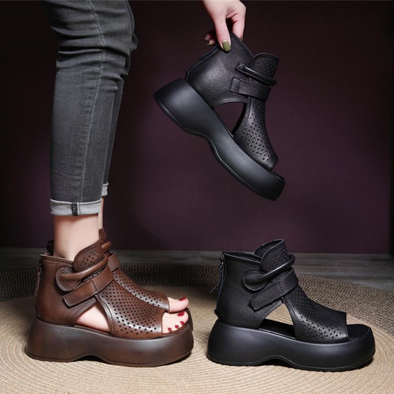High-Top Roman Shoes Platform Heel Retro Hollow Women&