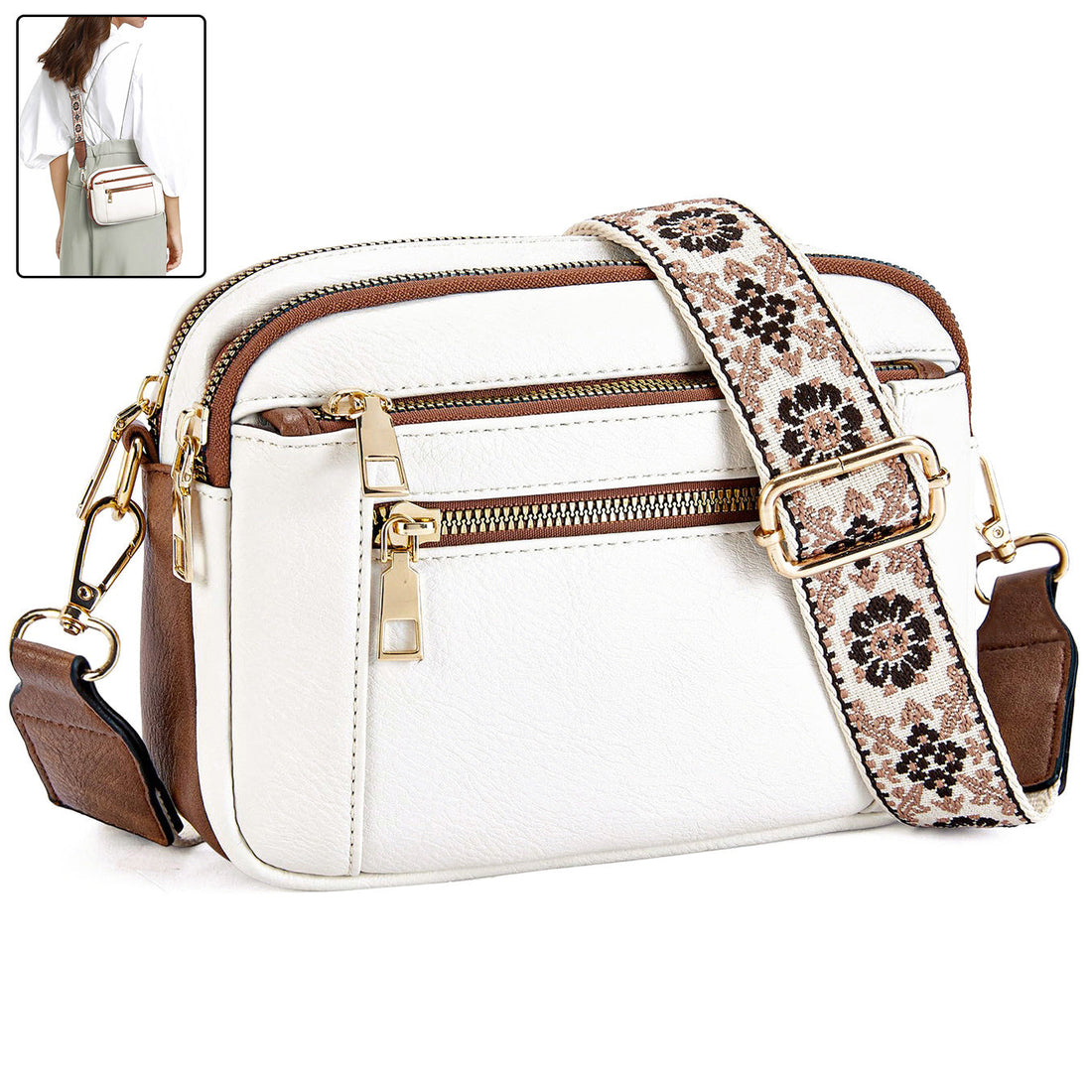 Triple-zipper Shoulder Bag With Floral Embroidered Straps Fashion Colorblock Multi-functional Crossbody Bags For Women Limorista