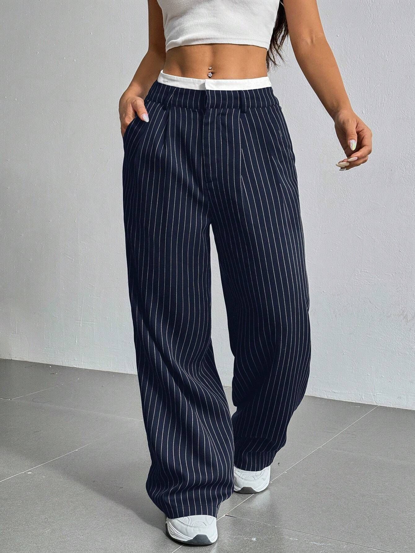 Stripe Printed Trousers Fashion High Waist Straight Leg Pants With Pocket Zipper Casual Suit Pants For Women Limorista