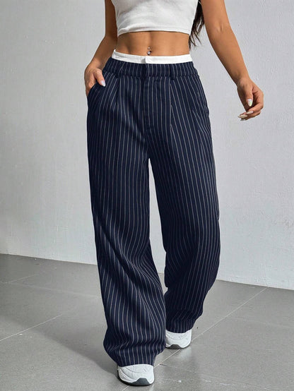 Stripe Printed Trousers Fashion High Waist Straight Leg Pants With Pocket Zipper Casual Suit Pants For Women Limorista