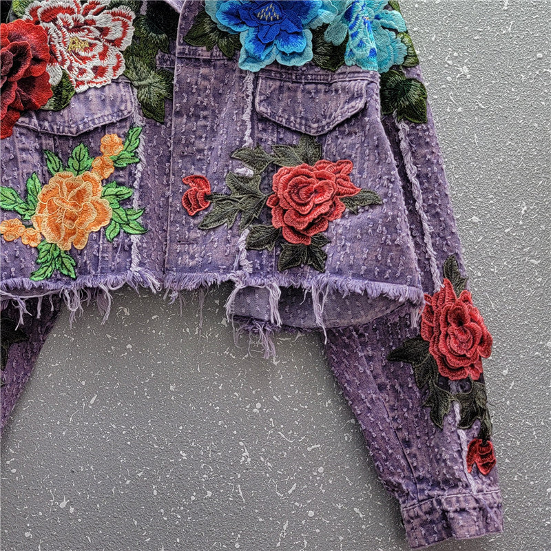 Design Sense Heavy Industry Three-dimensional Flower Short Frayed Hem Casual Denim Coat Limorista
