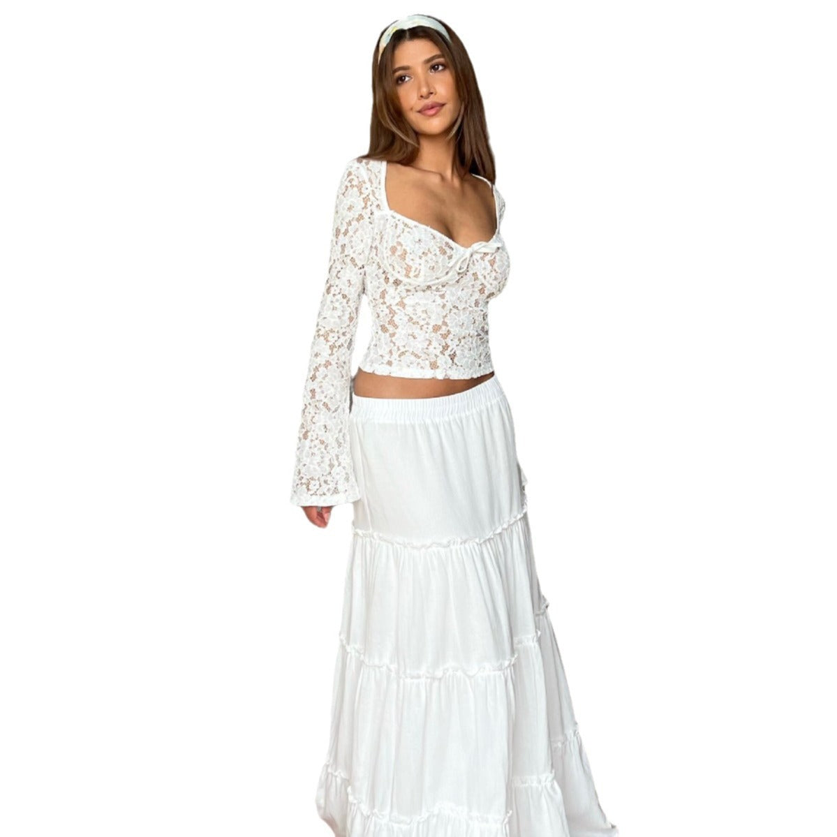 Solid Color Lace V-neck Horn Long Sleeves Cropped Top Limorista