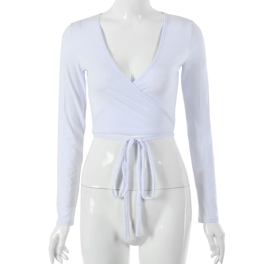 Navel-cut Low-cut Lace-up Long-sleeved Solid Color Top Limorista