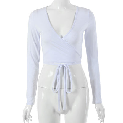 Navel-cut Low-cut Lace-up Long-sleeved Solid Color Top Limorista