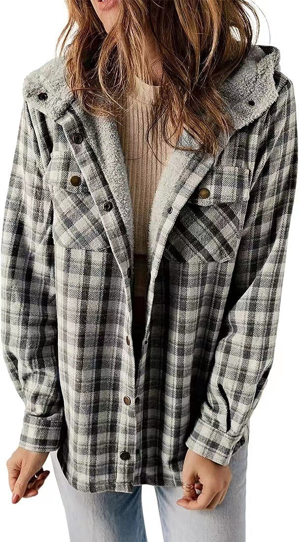 Casual Plaid Hooded Woolen Coat Thickened Fleece-lined Warm Jacket Limorista