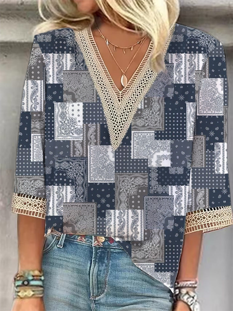European And American Popular Fashion Loose Multi-color Floral Print Stitching Lace Half Sleeve V-neck Top Limorista
