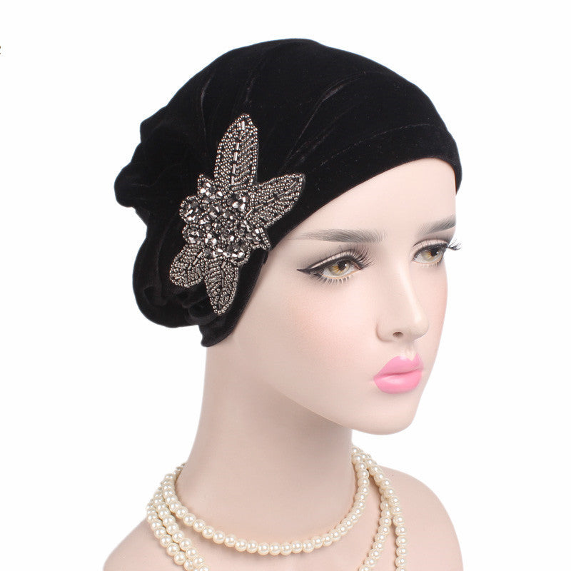 Beaded Flower Accessories Turban Hat Velvet Pleated Hood Limorista